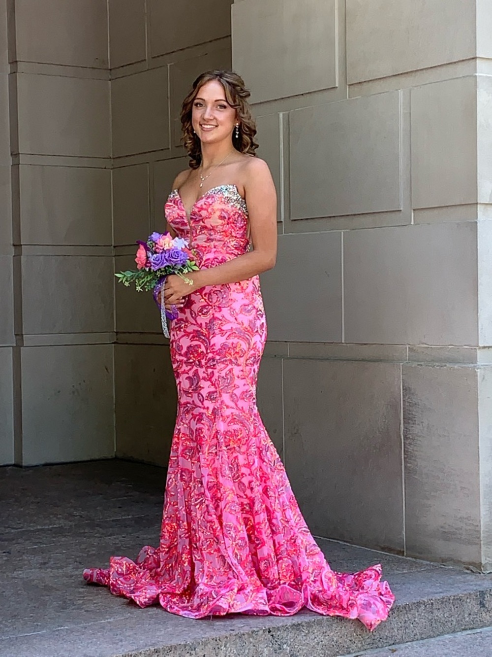 Portia and Scarlett Pink Floral Strapless Mermaid Prom Dress